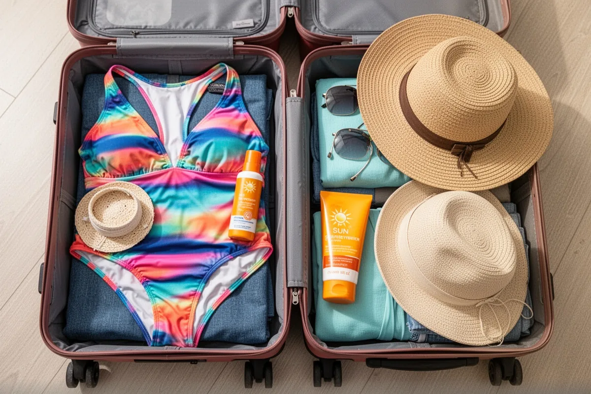 organized honeymoon suitcase flat lay beach items swimsuit sunscreen hat travel packing