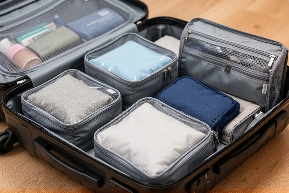packing cubes and travel organizers in open suitcase efficient packing method