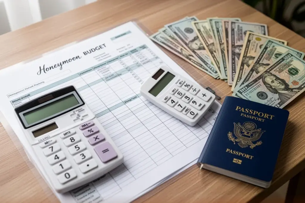 honeymoon budget planning spreadsheet calculator passport and money on table planning concept