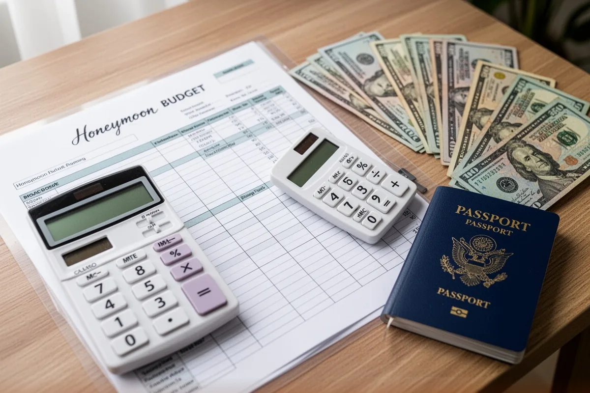 honeymoon budget planning spreadsheet calculator passport and money on table planning concept