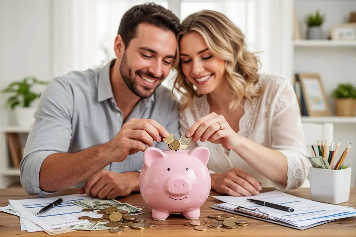 couple saving money in piggy bank for honeymoon financial planning happy couple