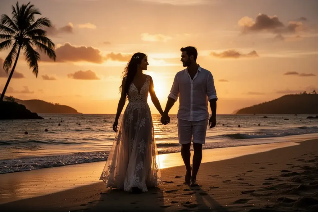 romantic honeymoon couple beach photo at sunset silhouette walking hand in hand golden hour