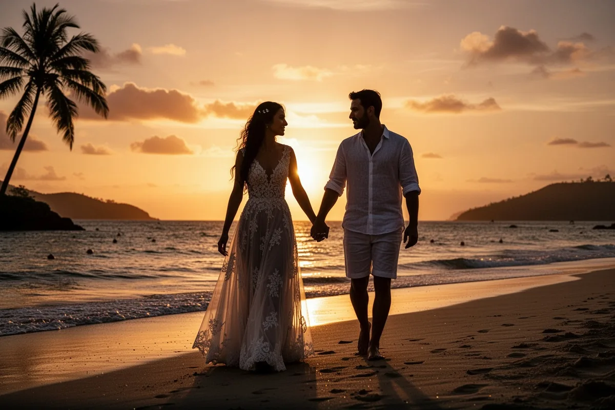 romantic honeymoon couple beach photo at sunset silhouette walking hand in hand golden hour
