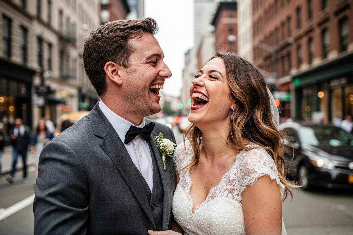 couple laughing naturally in city street honeymoon photo candid romantic moment