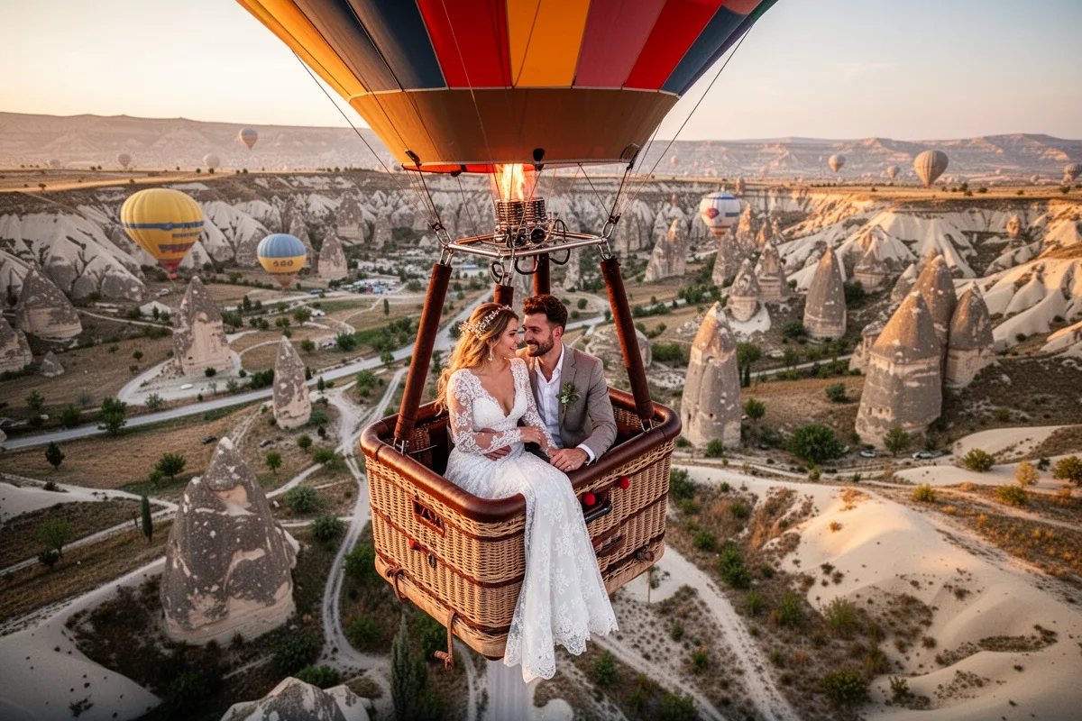 honeymoon couple in hot air balloon Cappadocia aerial photography romantic adventure