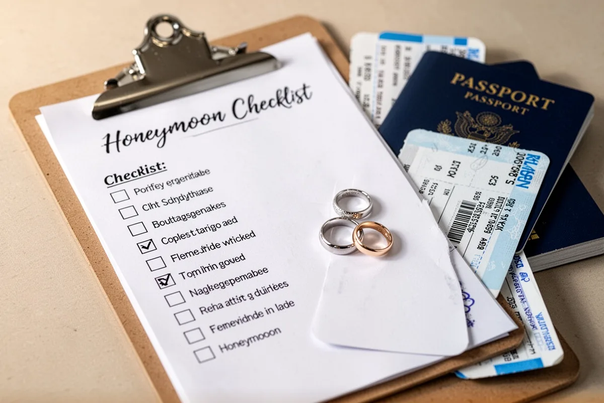 honeymoon checklist on clipboard with passport tickets and wedding rings organized planning