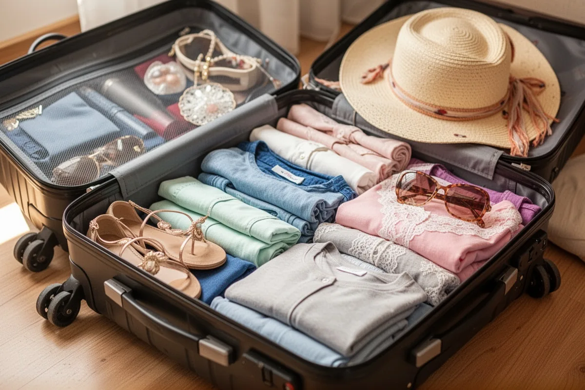 open suitcase being packed for honeymoon organized clothes and accessories travel preparation