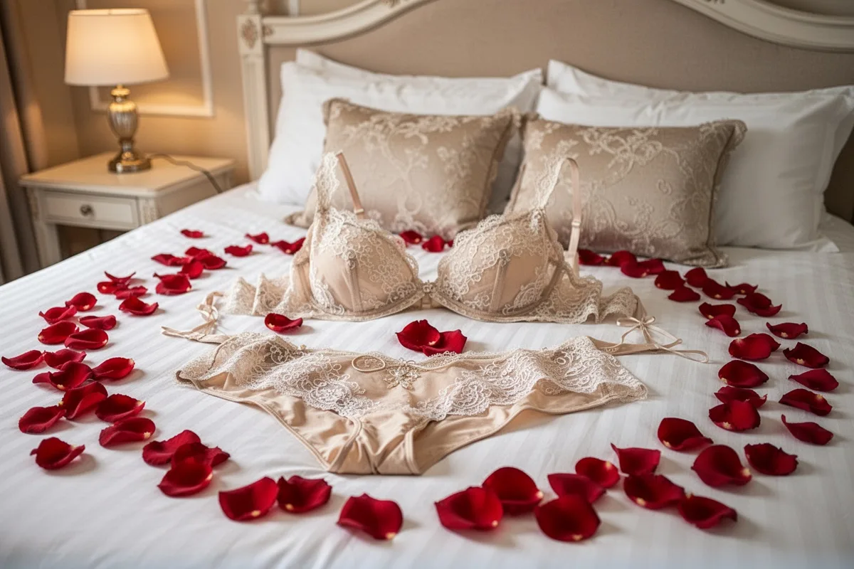 elegant honeymoon lingerie set on bed with rose petals romantic bedroom decoration tasteful photography