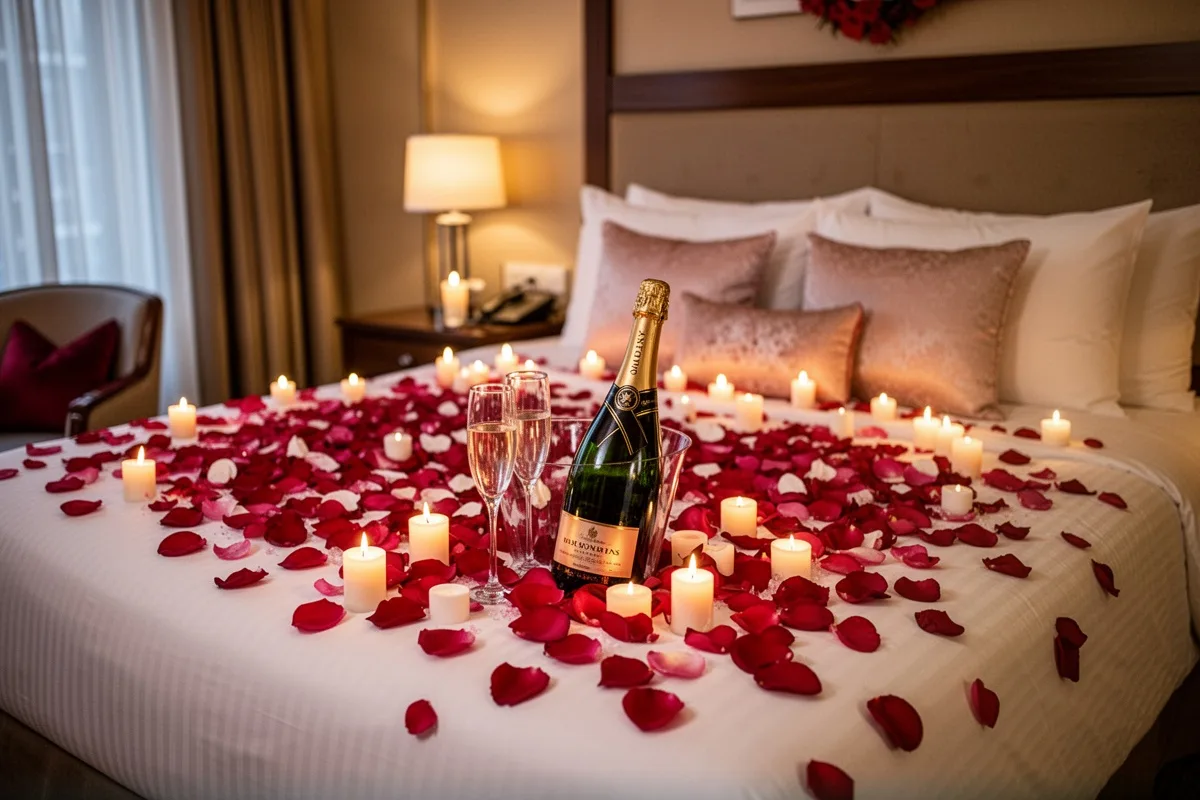 romantic hotel room surprise setup rose petals on bed champagne candles honeymoon decoration