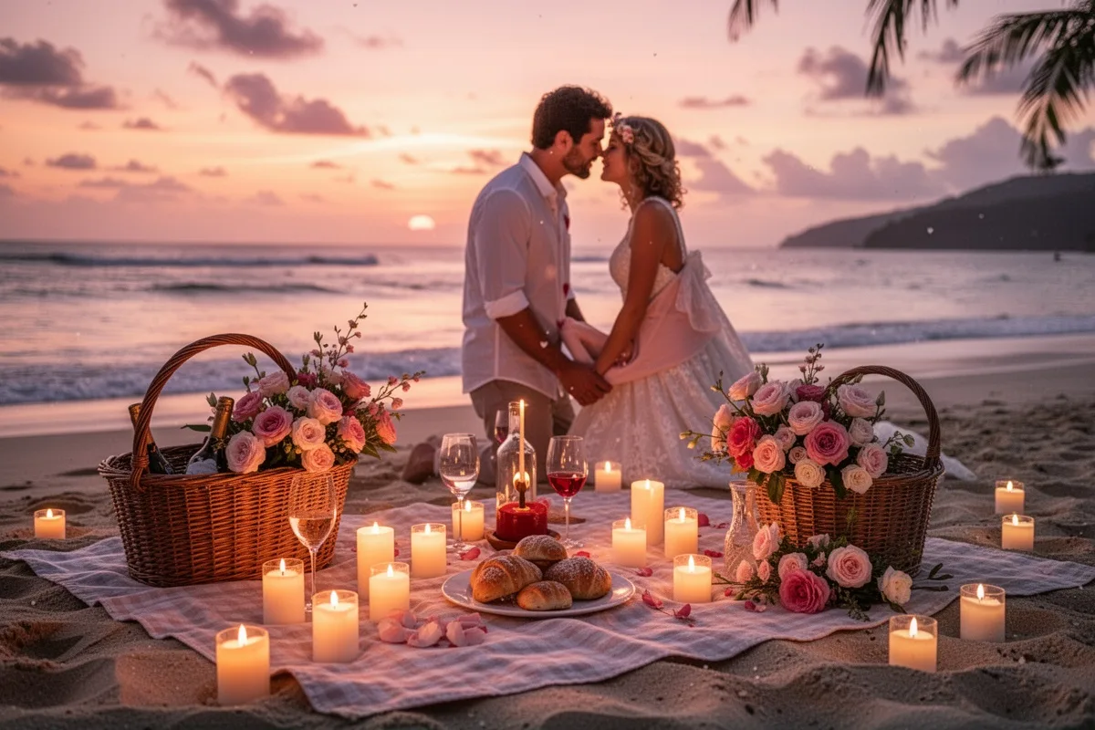 romantic picnic setup on beach at sunset candles and flowers surprise honeymoon moment