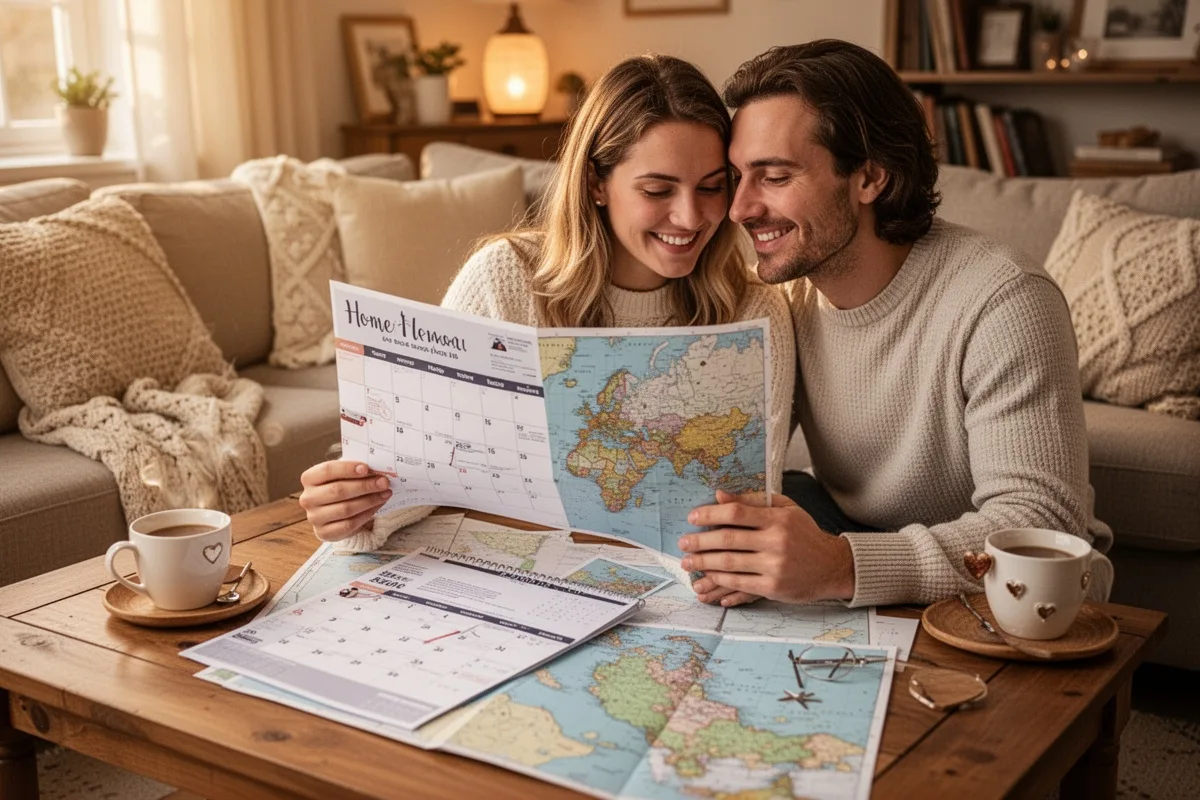 couple planning honeymoon trip with calendar and map romantic travel planning cozy home setting