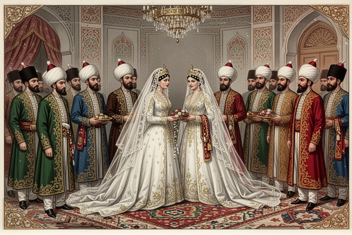 historical wedding illustration Ottoman era traditional Turkish wedding ceremony vintage style