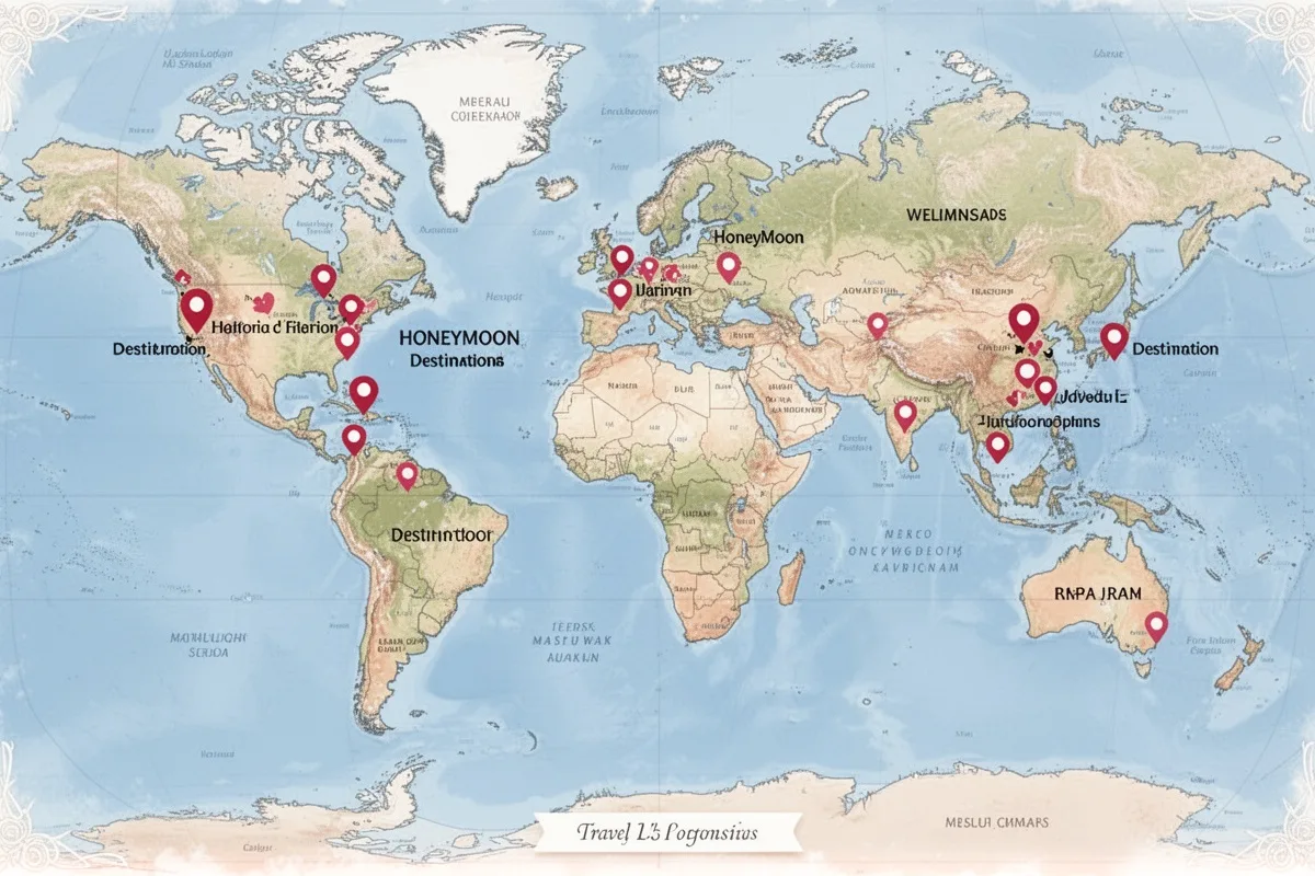 world map with honeymoon destinations marked travel planning concept romantic