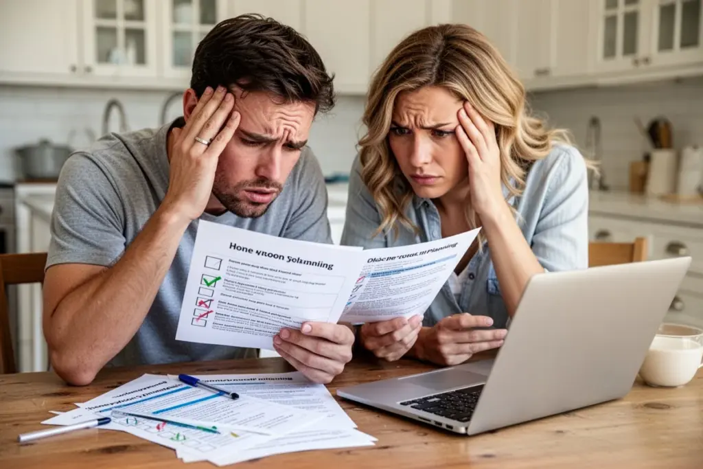 stressed couple looking at honeymoon planning documents checklist and laptop problem solving