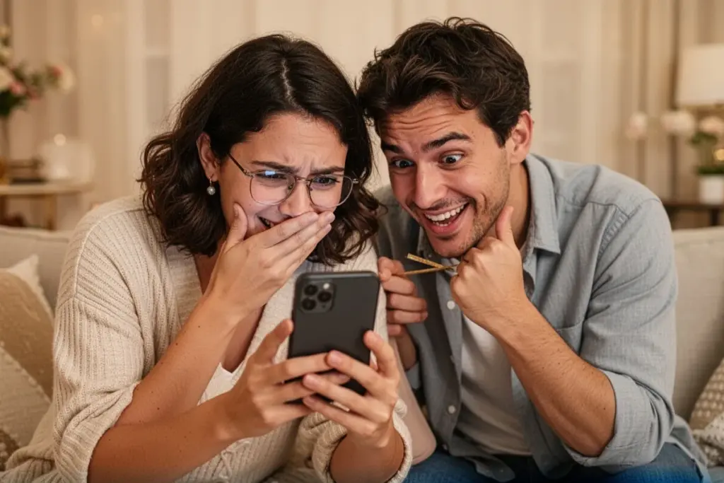 person secretly planning honeymoon surprise on phone hiding screen from partner playful