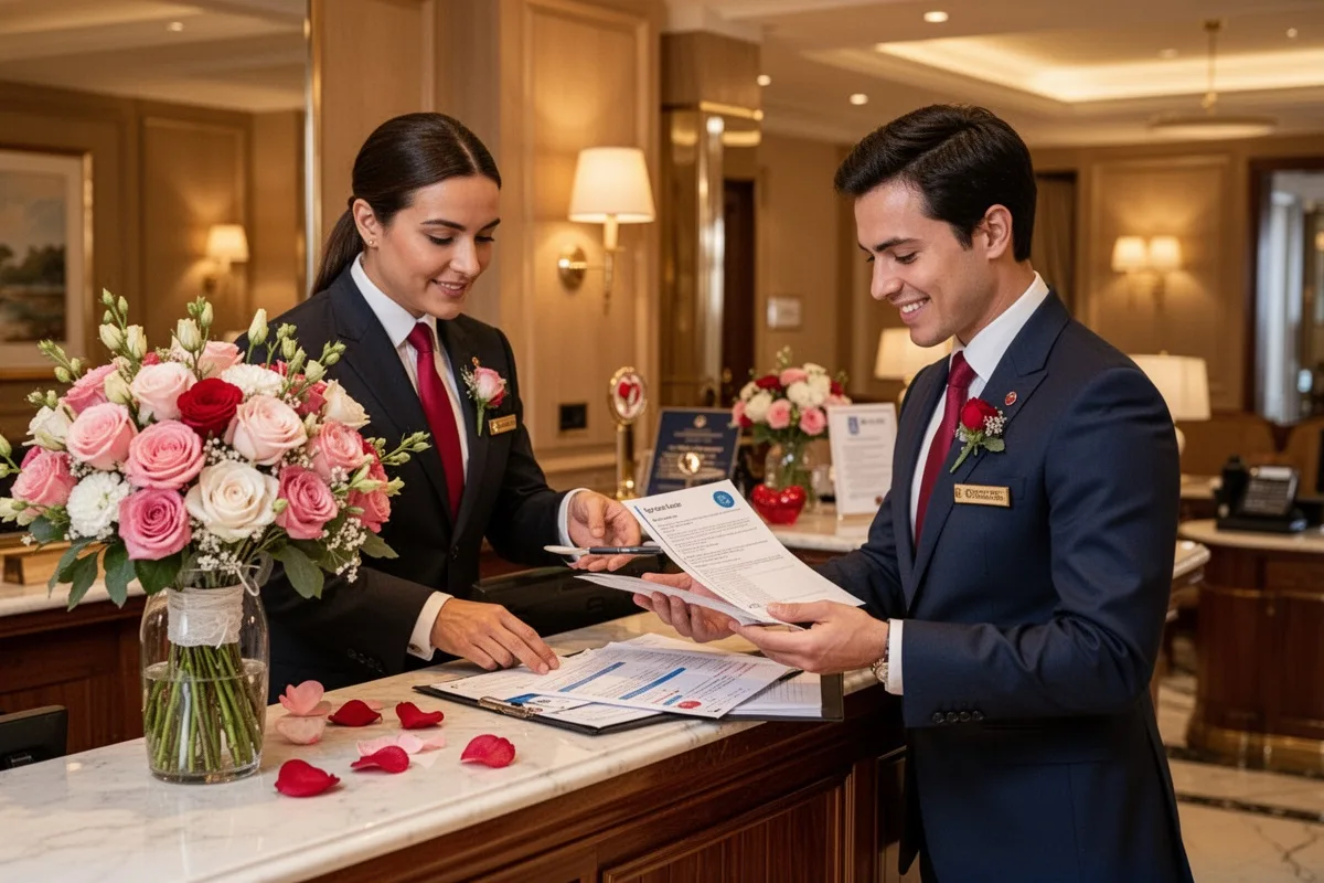 hotel concierge helping with romantic honeymoon surprise arrangement flowers and planning