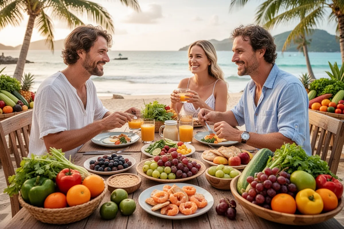 couple having breakfast with local market fresh food honeymoon morning ritual colorful spread