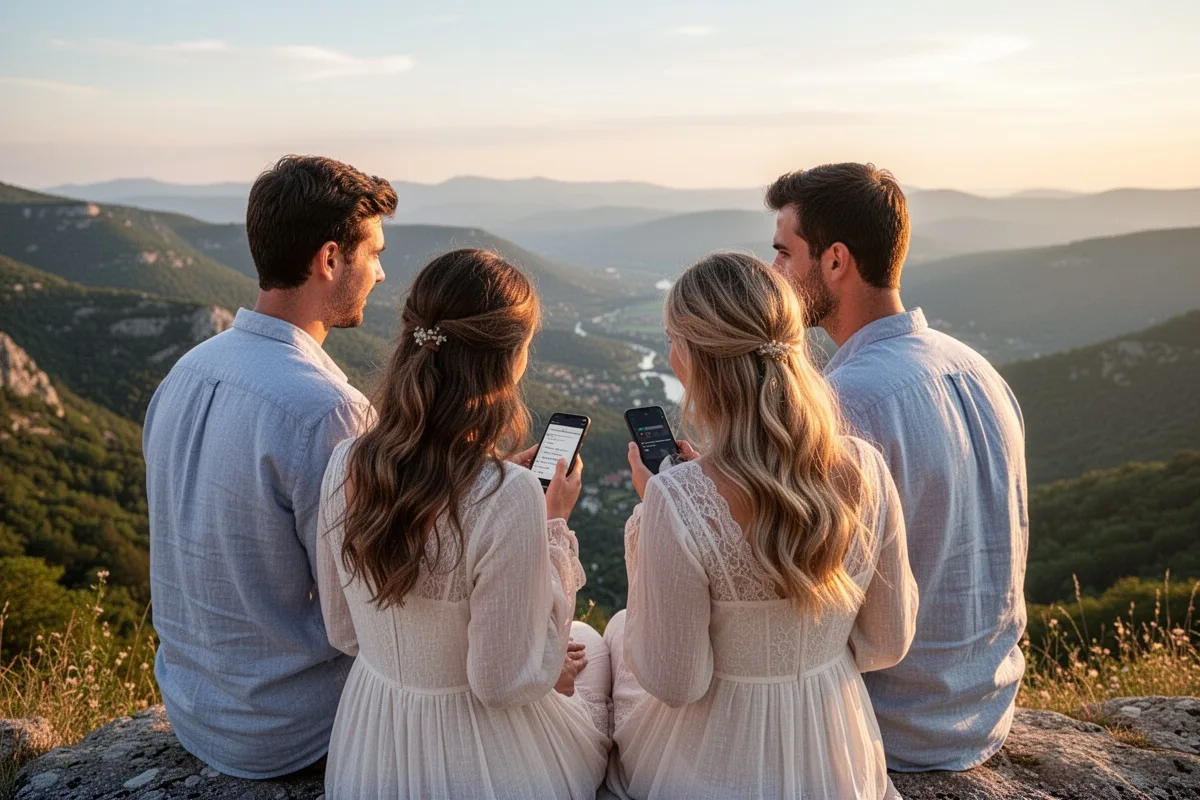 couple without phones enjoying scenic view digital detox honeymoon present moment