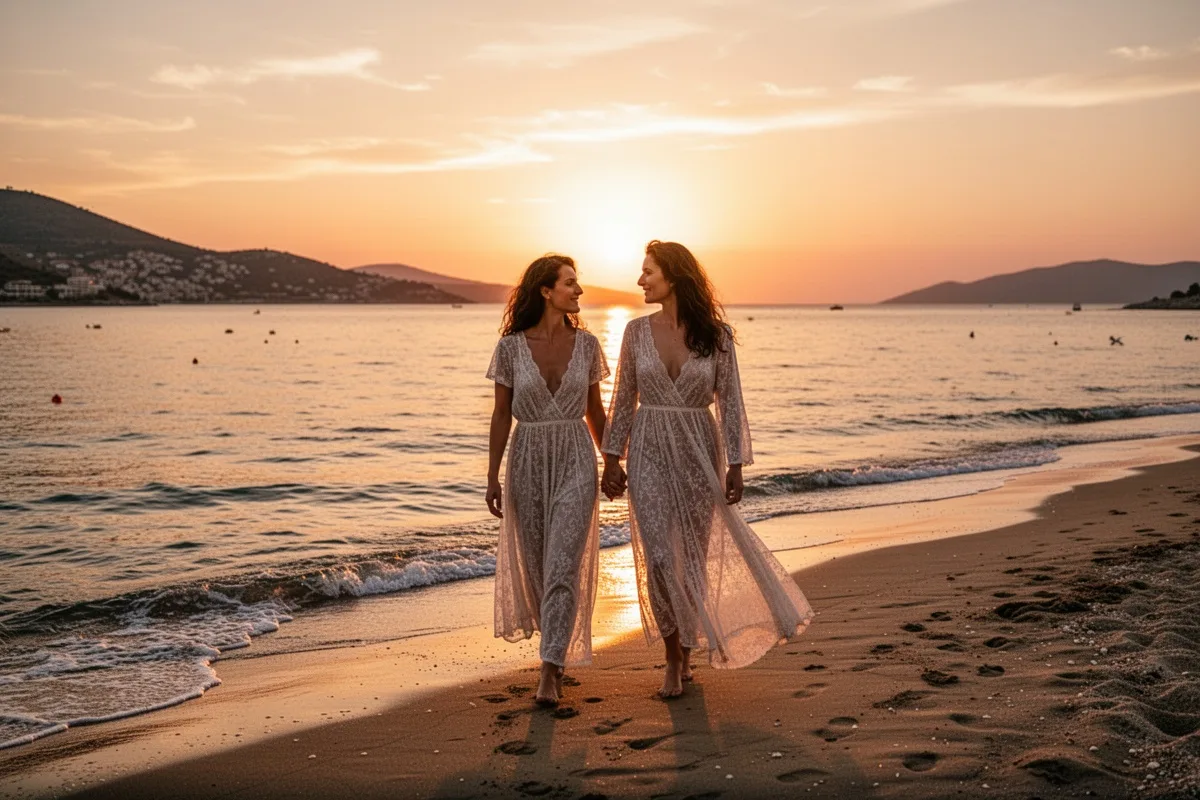 romantic couple walking on Turkish beach at sunset Aegean coast golden hour photography