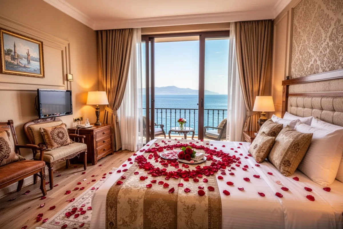 cozy boutique hotel room with sea view in Turkey romantic decoration rose petals
