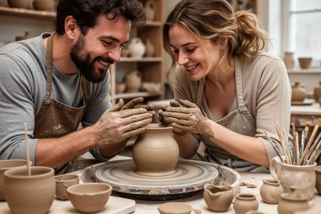 couple taking pottery ceramic class together creative honeymoon activity clay hands