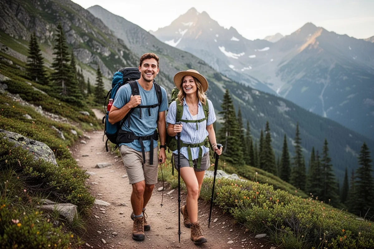 honeymoon couple hiking mountain trail nature adventure backpacks and smiles