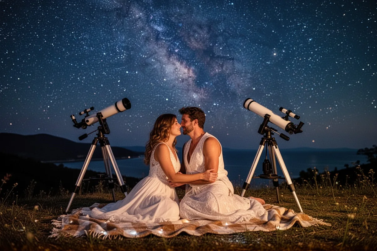 couple stargazing at night on honeymoon telescope and blanket romantic night sky