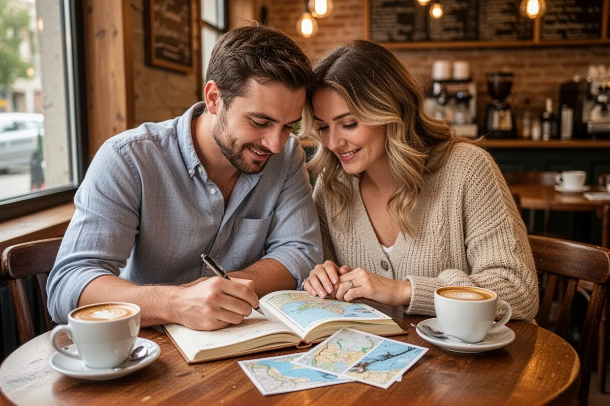 couple writing in travel journal together on honeymoon cozy cafe setting memories