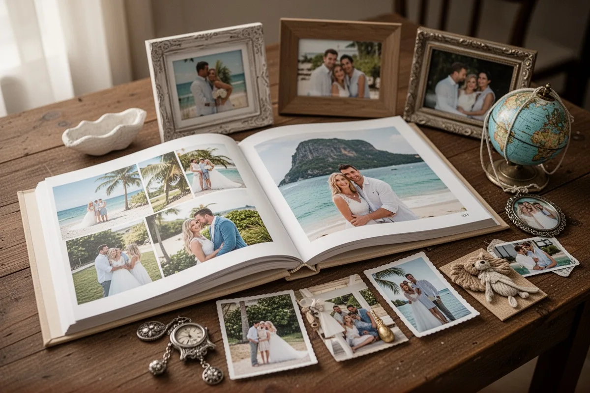 honeymoon photo album and souvenirs on table memories collection nostalgic