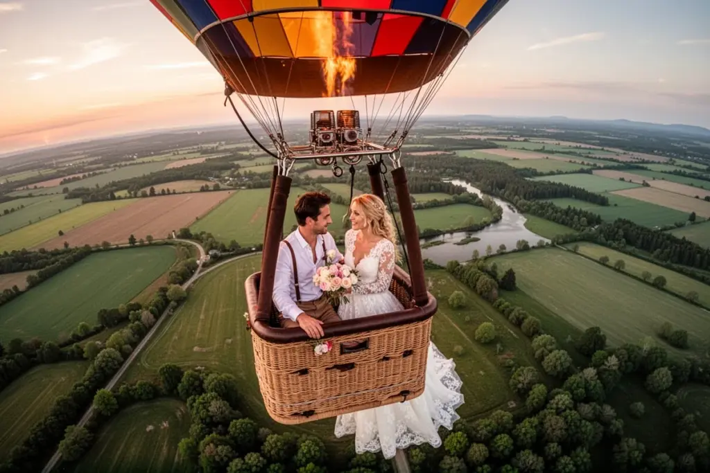 couple doing hot air balloon ride honeymoon aerial view adventure romantic