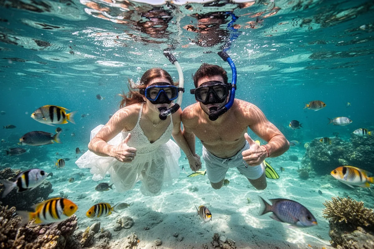 honeymoon couple snorkeling together in crystal clear turquoise water tropical fish
