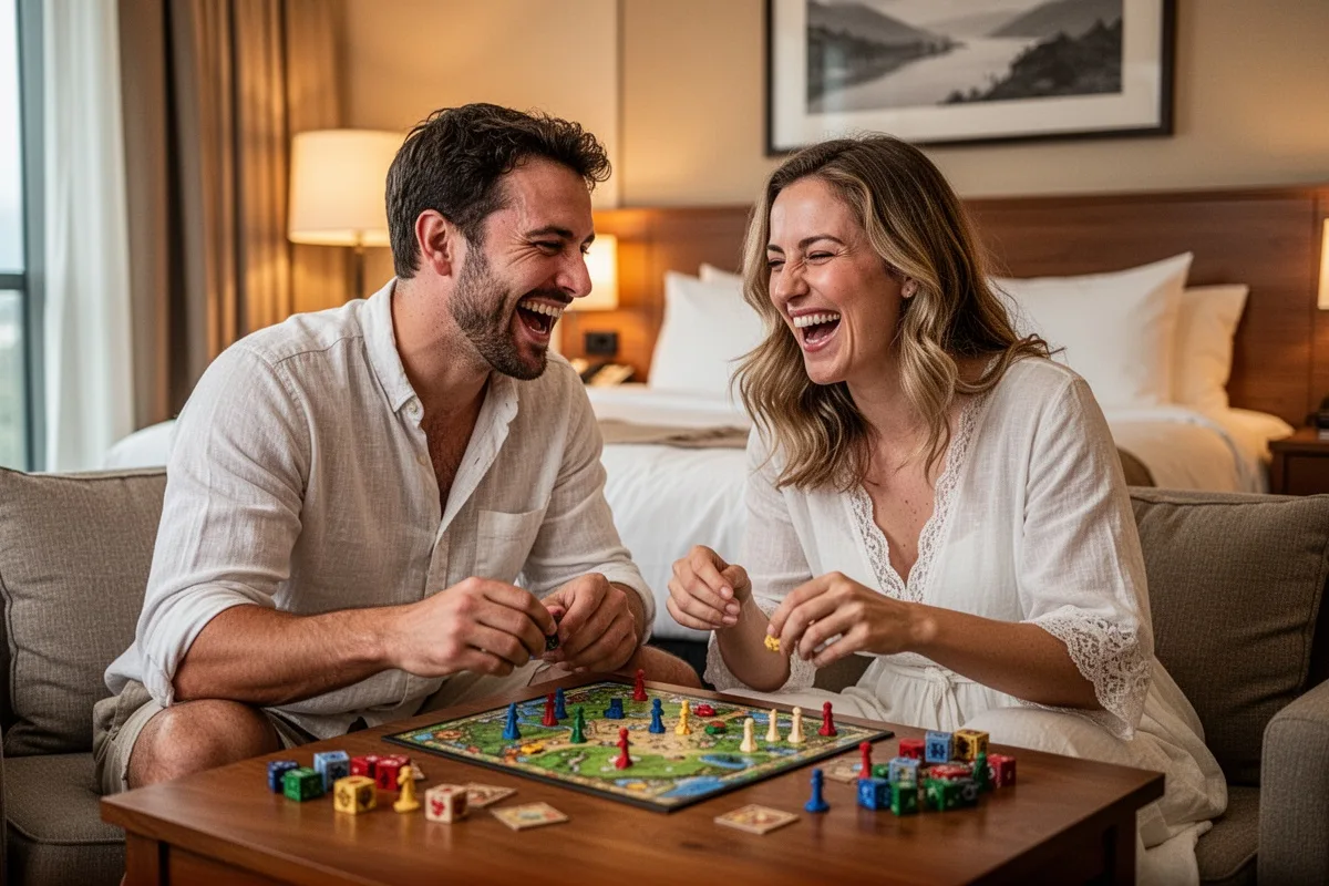 couple playing board games on honeymoon laughing together cozy hotel room happy