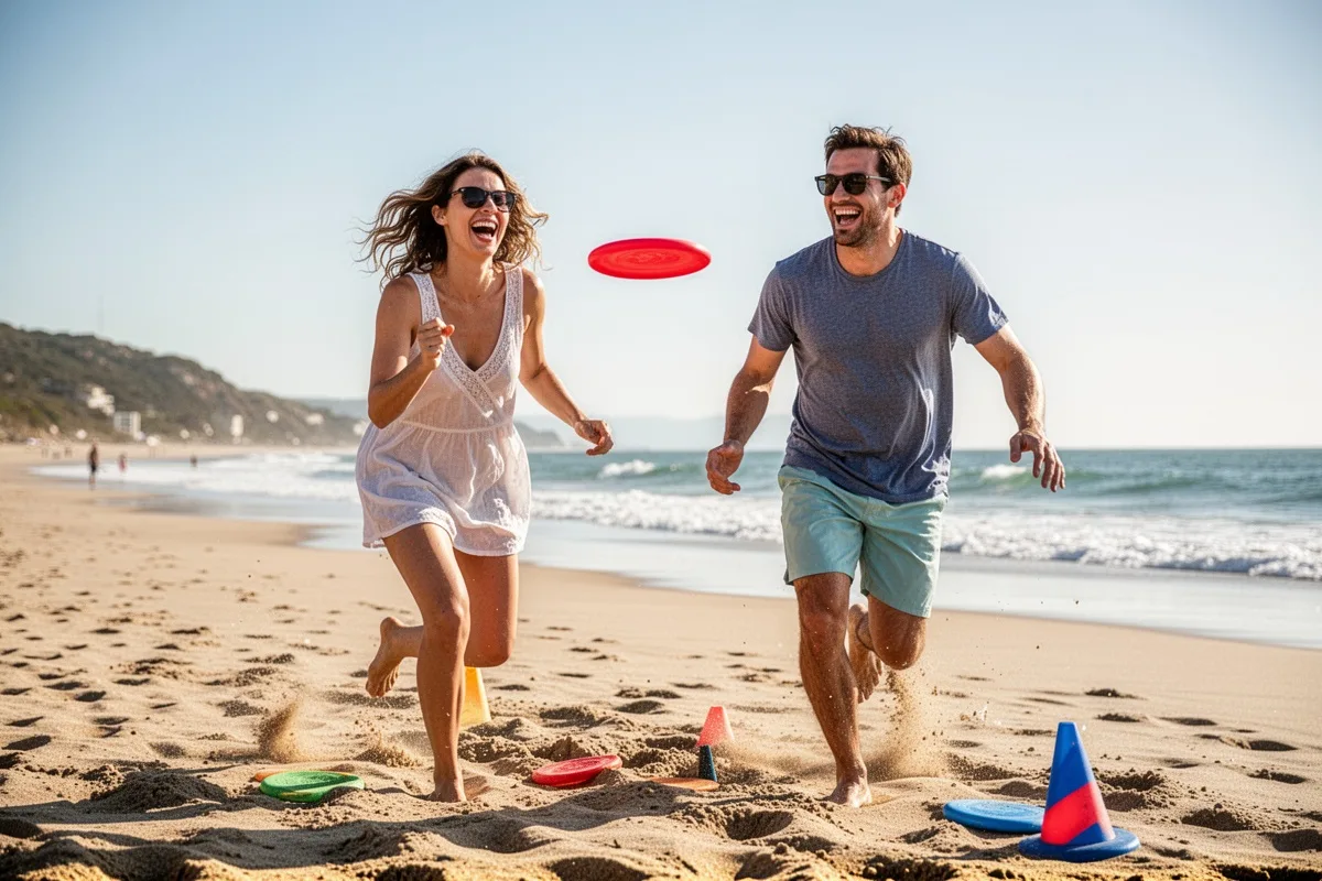 couple playing beach games frisbee laughing running on sand sunny day