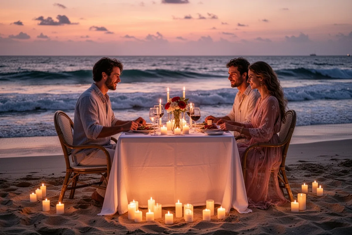 romantic candlelit dinner for two on beach ocean waves couple dining sunset atmosphere