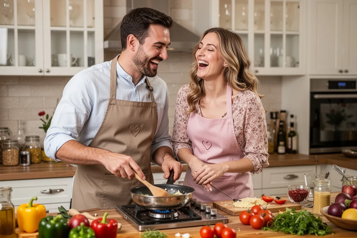 couple cooking together in kitchen romantic cooking class laughing and enjoying