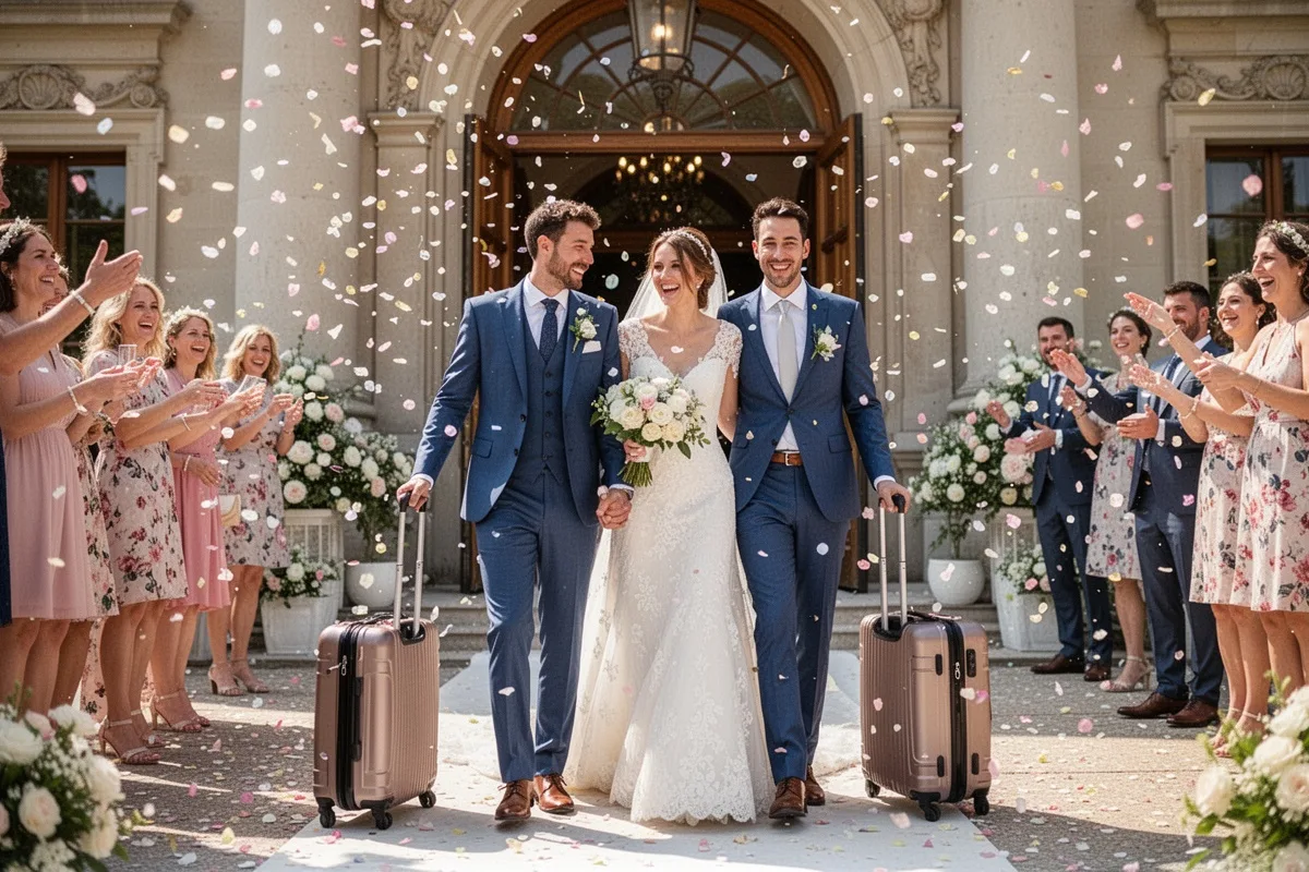 newlywed couple with suitcases leaving wedding venue for honeymoon confetti happy departure