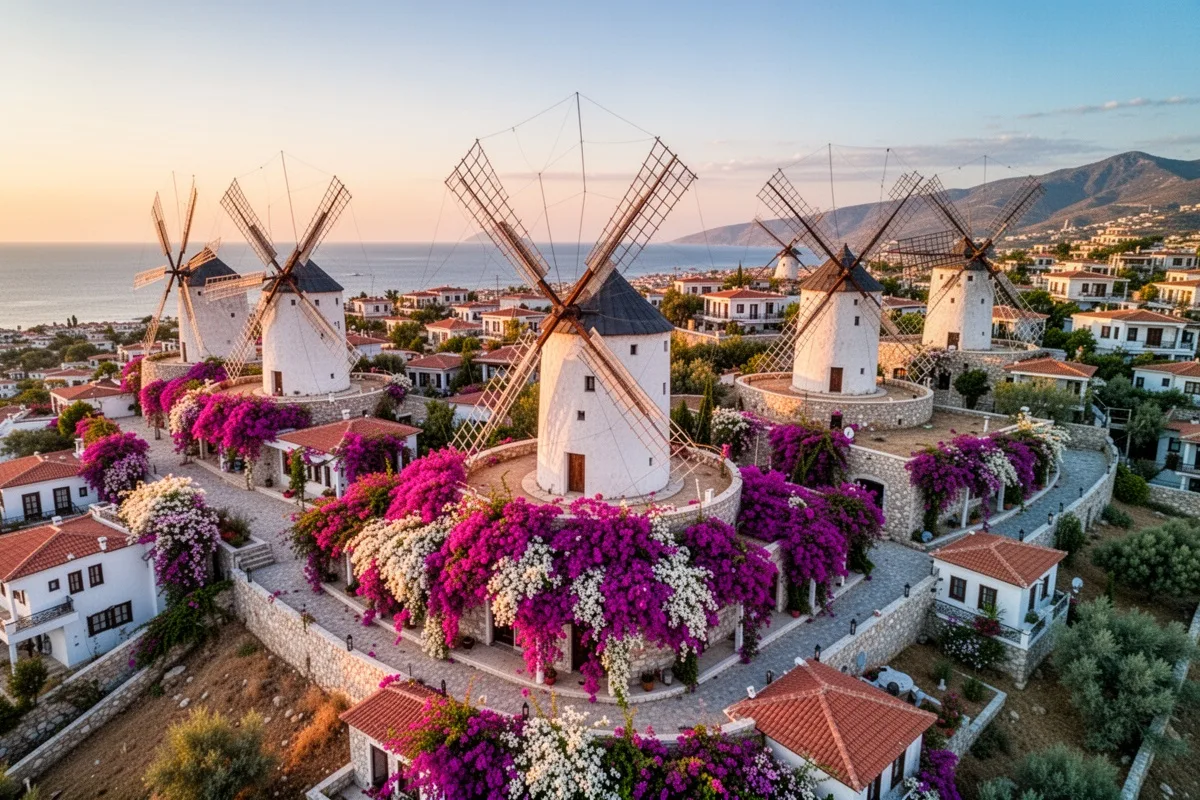 aerial view of Alaçatı village Turkey windmills colorful bougainvillea romantic atmosphere