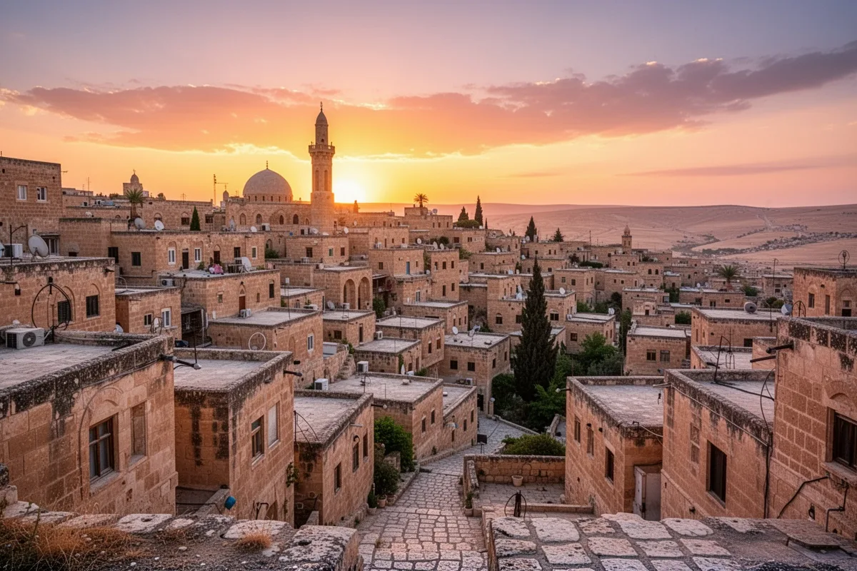 Mardin old city panorama at sunset honeymoon destination Turkey stone houses