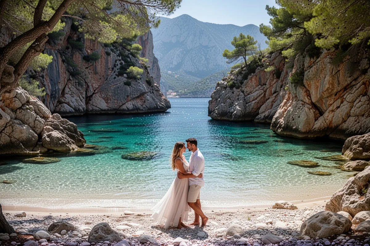 hidden cove beach in Turkey crystal clear water romantic couple secluded paradise