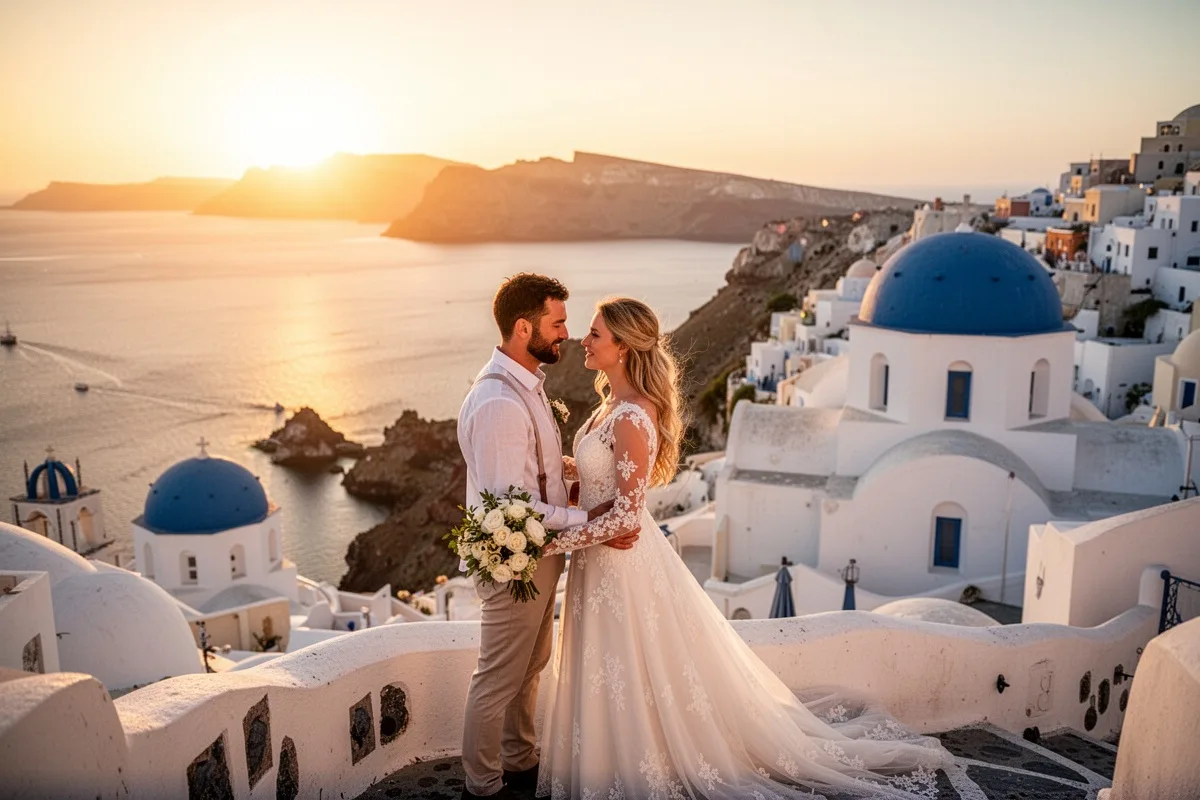 September honeymoon couple on Greek island warm golden light Santorini blue domes