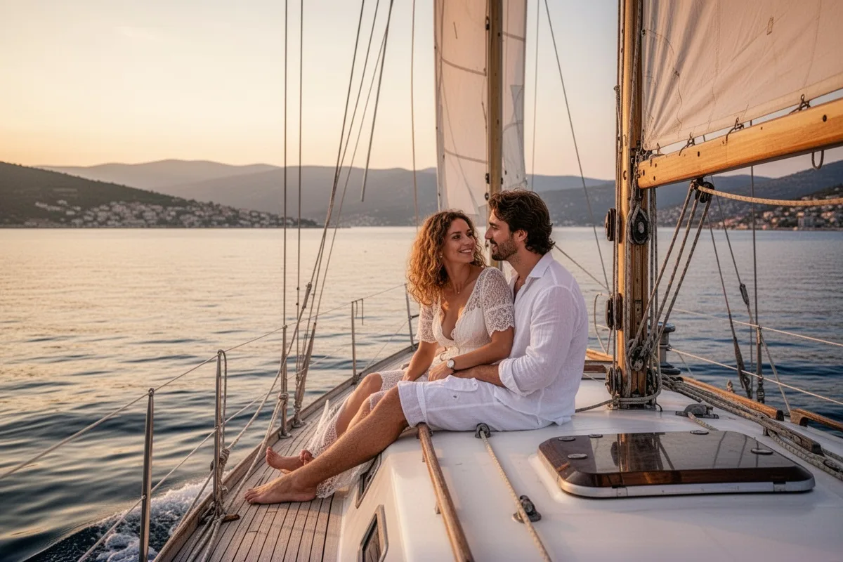 Turkish Aegean coast September calm sea romantic couple on sailboat