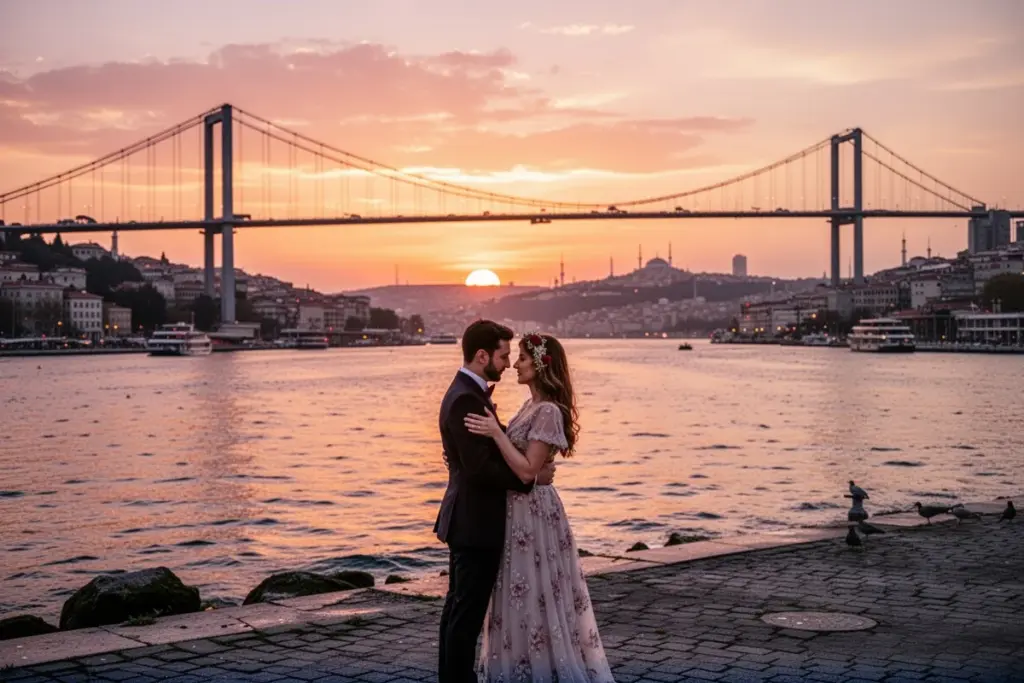 Istanbul Bosphorus bridge at sunset couple on waterfront romantic city atmosphere