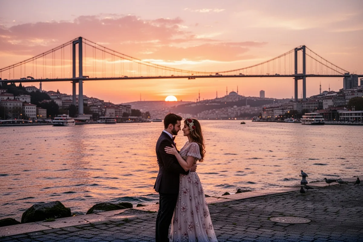 Istanbul Bosphorus bridge at sunset couple on waterfront romantic city atmosphere