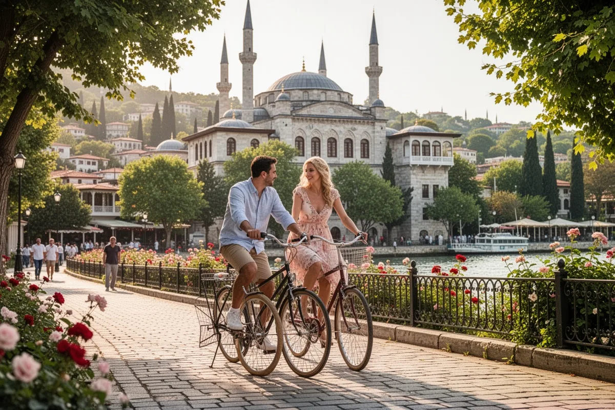 Buyukada Princes Island romantic bike ride couple Ottoman architecture greenery
