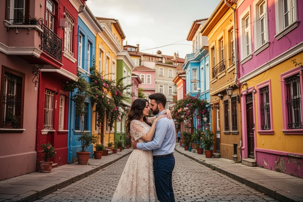 Balat colorful houses Istanbul romantic photo couple vibrant street photography