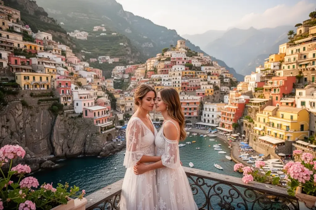 Positano Amalfi Coast Italy romantic honeymoon couple colorful cliffside village Mediterranean