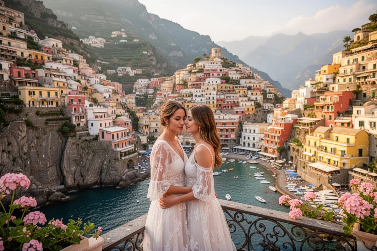 Positano Amalfi Coast Italy romantic honeymoon couple colorful cliffside village Mediterranean