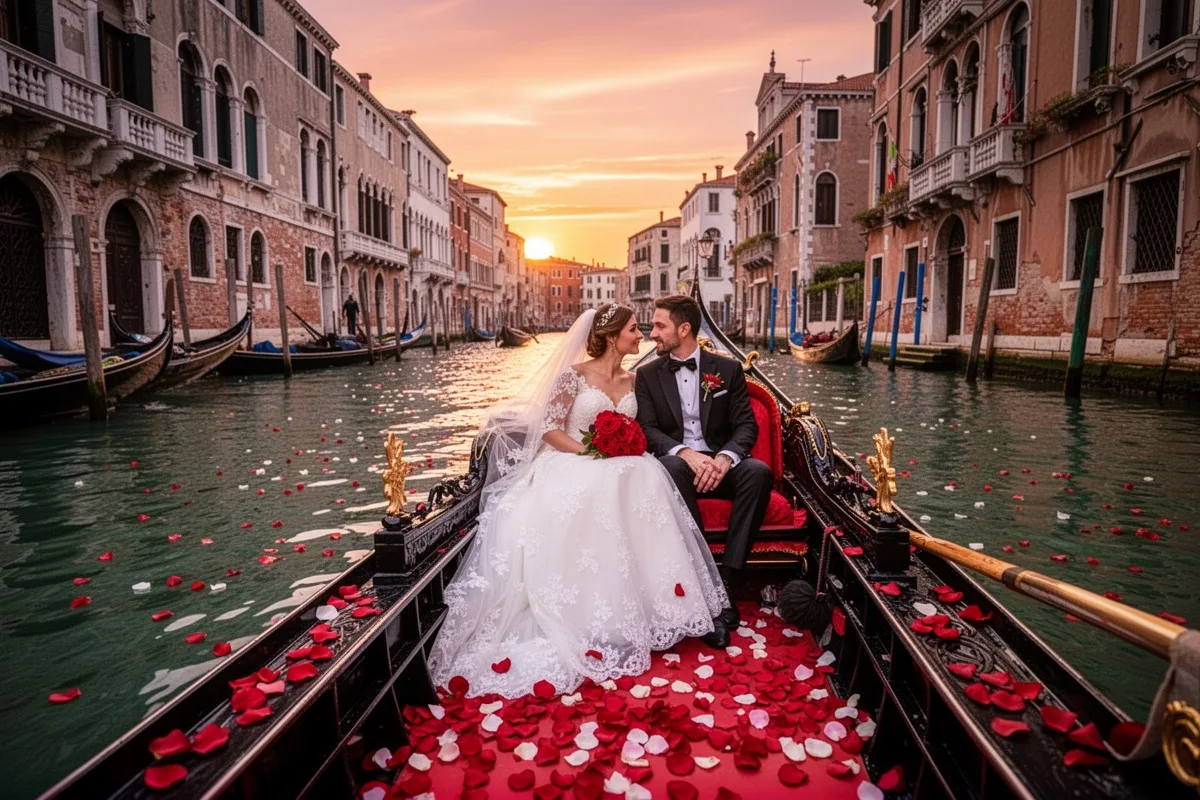 Venice gondola honeymoon at sunset romantic canal rose petals