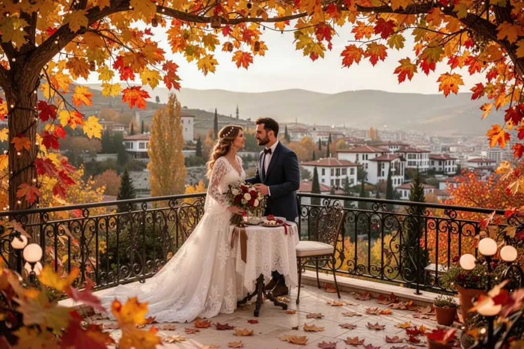 autumn fall honeymoon couple in Turkey colorful leaves romantic boutique hotel terrace