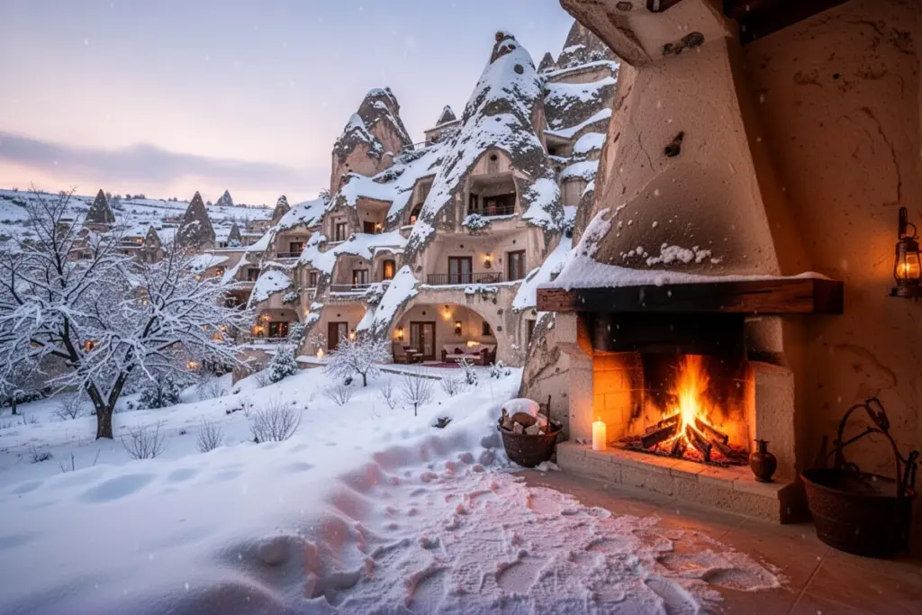 snow covered Cappadocia cave hotel romantic winter honeymoon warm fireplace inside